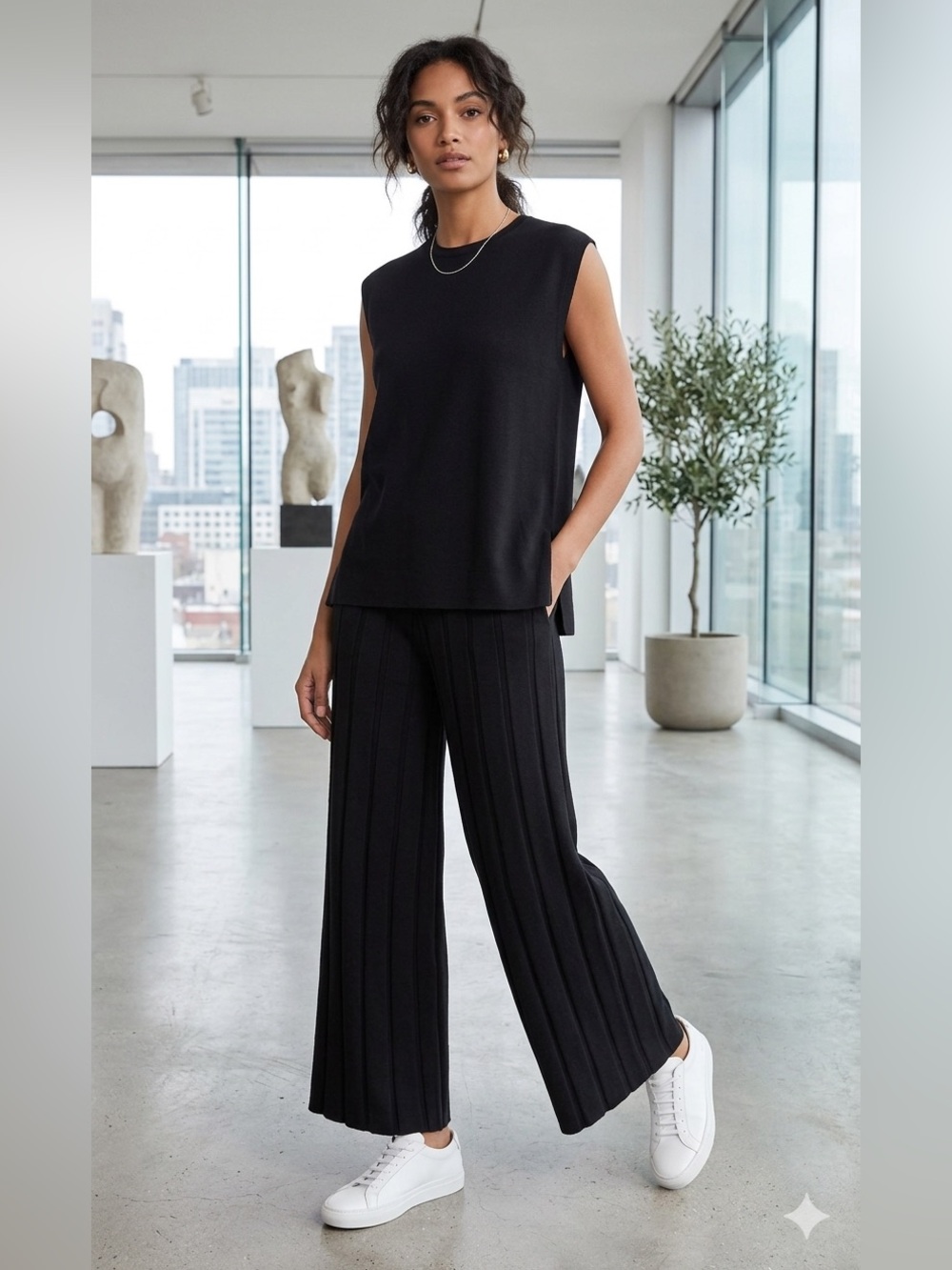 Sleeveless Black Top and Wide-Leg Ribbed Knit Pants Set by Anrabess